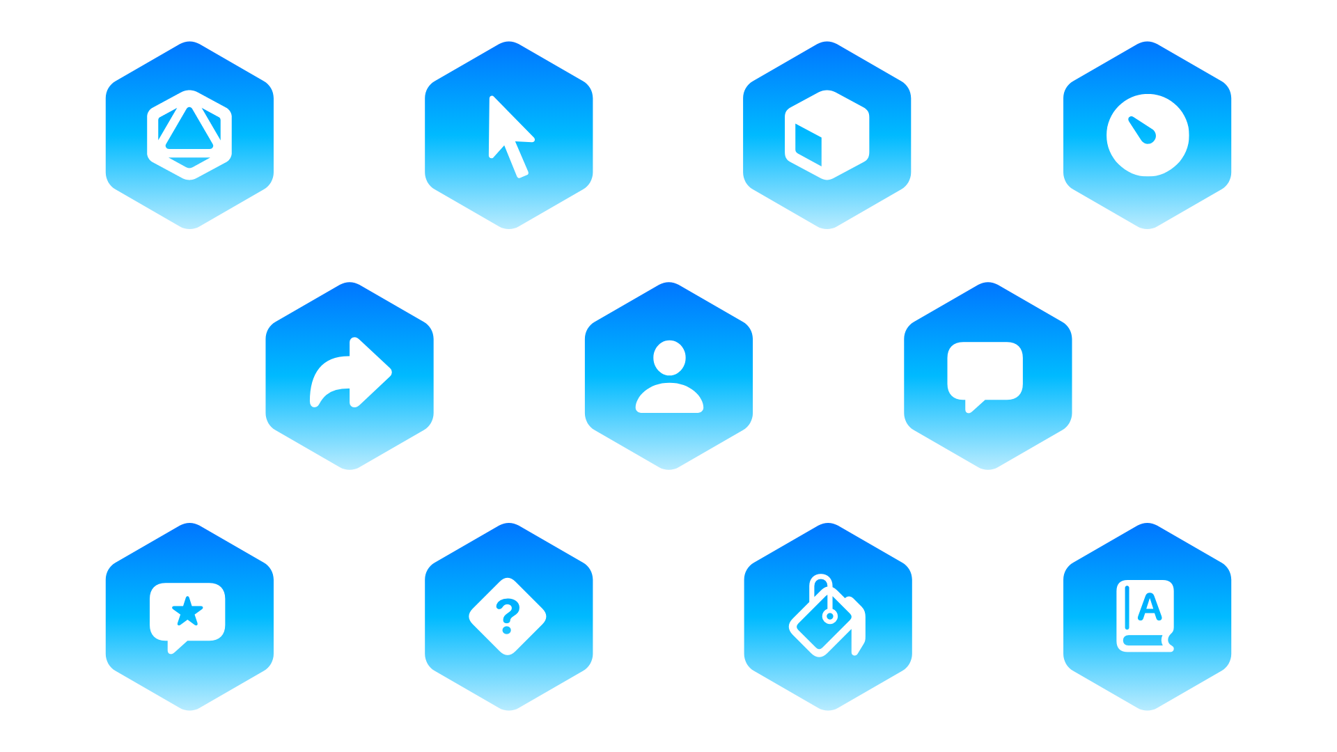 Grid of eleven blue hexagon icons with white symbols, including a cursor, a cube, a chat bubble, a person and a book