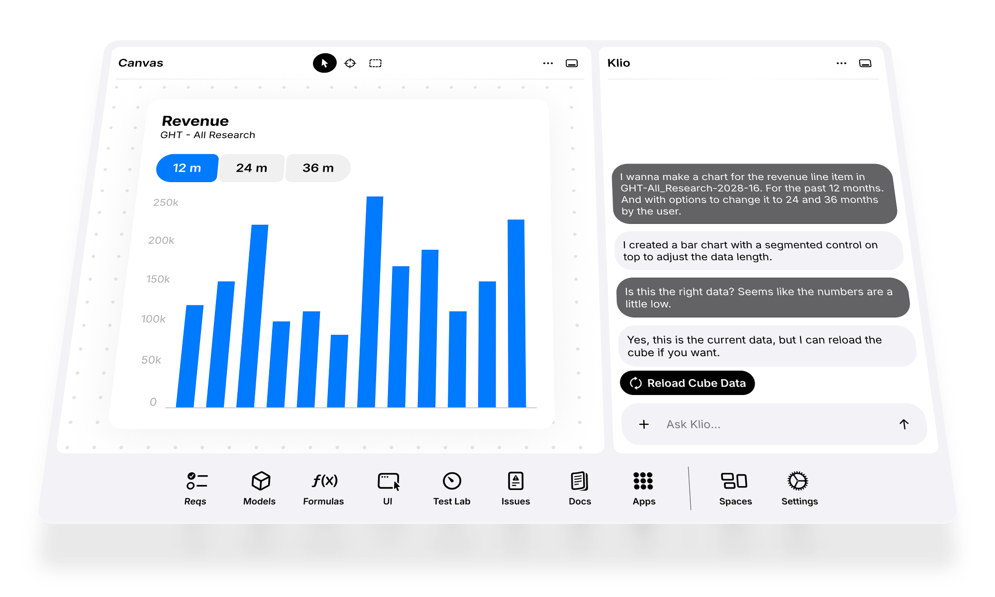 Product screen with a revenue bar chart on the left and a chat panel called Klio on the right, where a user asks for the chart in plain language and the assistant answers